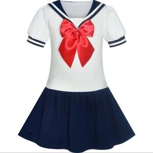 Sailor Style Kids Dress with Red Bow Girls Cosplay School Uniform Navy